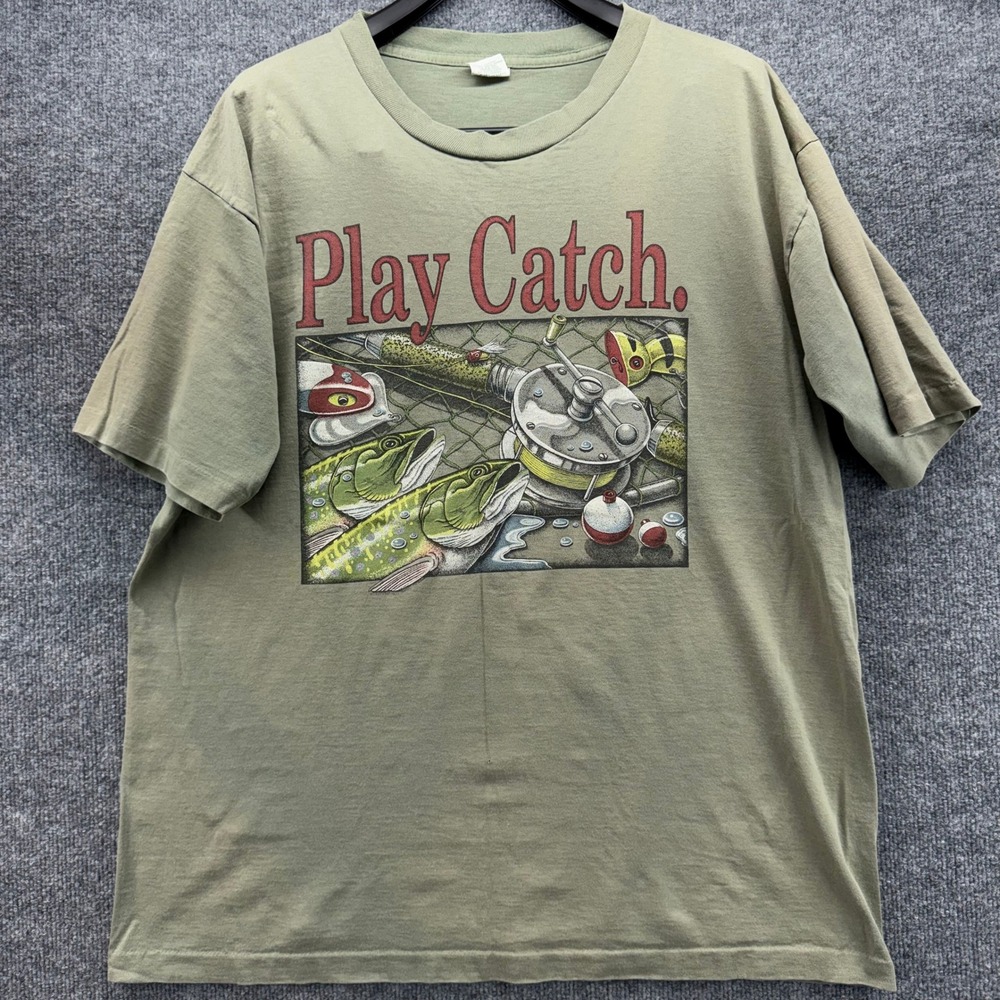 90s Fishing T Shirt Men's XL Play Catch Fishing Graphic Tee‎